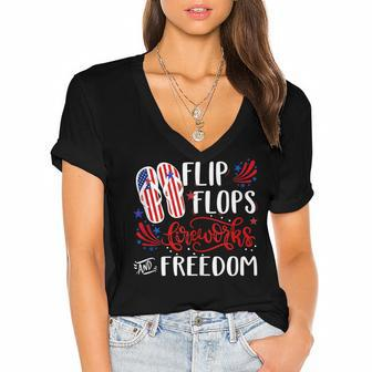 Flip Flops Fireworks And Freedom 4Th Of July V2 Women's Jersey Short Sleeve Deep V-Neck Tshirt | Mazezy