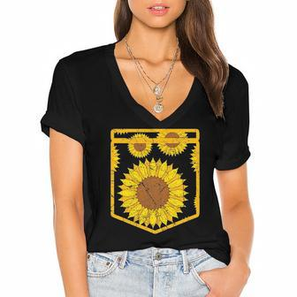 Florist Floral Cute Yellow Flower Pocket Sunflower Women's Jersey Short Sleeve Deep V-Neck Tshirt | Mazezy
