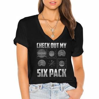 Flying Airplane Gift Check Out My Six Pack Funny Pilot Women's Jersey Short Sleeve Deep V-Neck Tshirt | Mazezy