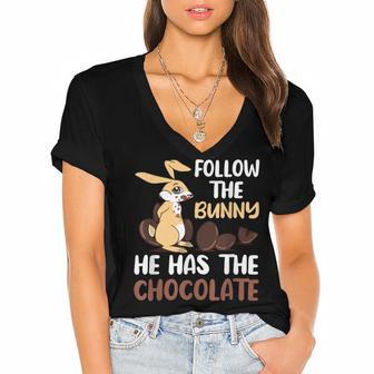 Follow The Bunny He Has Chocolate Women's Jersey Short Sleeve Deep V-Neck Tshirt | Favorety DE