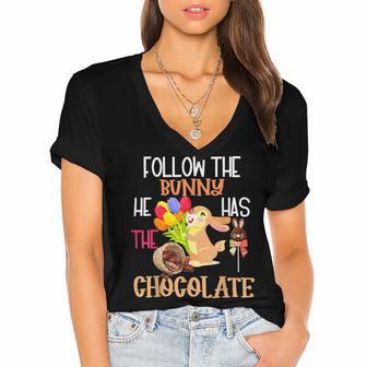 Follow The Bunny He Has Chocolate Women's Jersey Short Sleeve Deep V-Neck Tshirt | Favorety DE