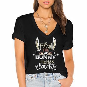 Follow The Bunny He Has Chocolate Women's Jersey Short Sleeve Deep V-Neck Tshirt | Favorety DE