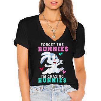 Forget The Bunnies Im Chasing Hunnies Funny Women's Jersey Short Sleeve Deep V-Neck Tshirt | Favorety