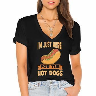 Franks Sausages Funny Hotdog Im Just Here For The Hot Dogs Women's Jersey Short Sleeve Deep V-Neck Tshirt | Mazezy