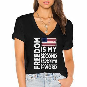 Freedom Is My Second Favorite F Word Women's Jersey Short Sleeve Deep V-Neck Tshirt | Mazezy
