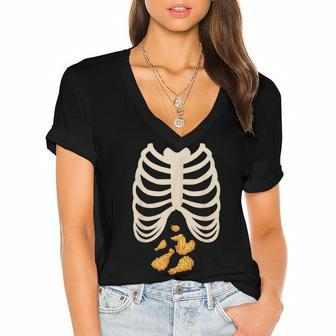 Fried Chicken Lovers Halloween Skeleton Rib Cage Xray V2 Women's Jersey Short Sleeve Deep V-Neck Tshirt - Seseable
