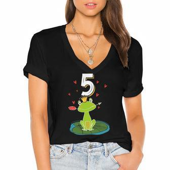 Frog Animal Lovers 5Th Birthday Girl B-Day 5 Years Old Women's Jersey Short Sleeve Deep V-Neck Tshirt | Mazezy