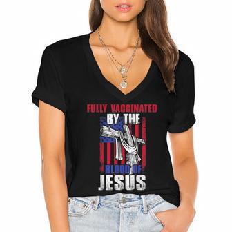 Fully Vaccinated By The Blood Of Jesus Christian USA Flag Women's Jersey Short Sleeve Deep V-Neck Tshirt - Monsterry