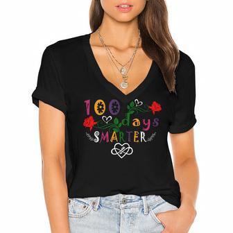 Funny 100 Days Smarter Shirt Happy 100Th Day Of School Gifts Women's Jersey Short Sleeve Deep V-Neck Tshirt - Monsterry CA