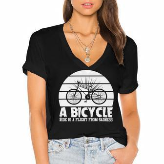 Funny Bicycle I Ride Fun Hobby Race Quote A Bicycle Ride Is A Flight From Sadness Women's Jersey Short Sleeve Deep V-Neck Tshirt - Monsterry CA