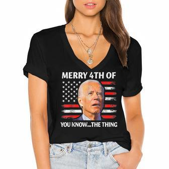 Funny Biden Confused Merry Happy 4Th Of You Know The Thing Women's Jersey Short Sleeve Deep V-Neck Tshirt | Mazezy