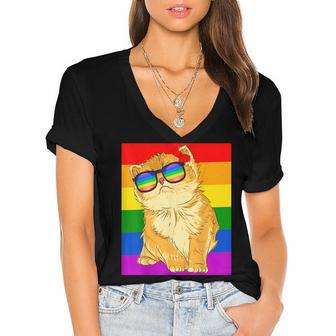 Funny Cat Lgbt Gay Rainbow Pride Flag Boys Men Girls Women Women's Jersey Short Sleeve Deep V-Neck Tshirt | Mazezy