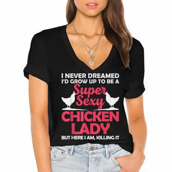 Funny Chicken Lady For Women Girl Chicken Sexy Farmer Ladies Women's Jersey Short Sleeve Deep V-Neck Tshirt | Mazezy