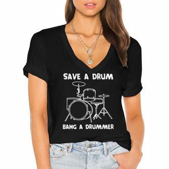 Funny Drummer Save A Drum Bang A Drummer - Drummer Women's Jersey Short Sleeve Deep V-Neck Tshirt | Mazezy