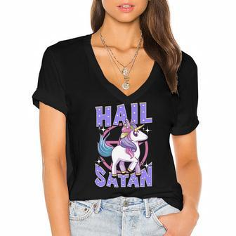 Funny Hail Satan Unicorn Rainbow Satanic Heavy Metal Pun Women's Jersey Short Sleeve Deep V-Neck Tshirt | Mazezy