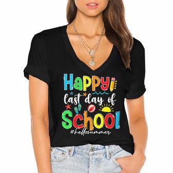 Funny Happy Last Day Of School Hello Summer Multicolored Women's Jersey Short Sleeve Deep V-Neck Tshirt | Favorety DE