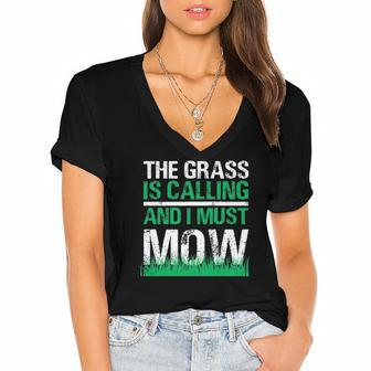 Funny Lawn Mower The Grass Is Calling Yard Work Lawn Tractor Women's Jersey Short Sleeve Deep V-Neck Tshirt | Mazezy