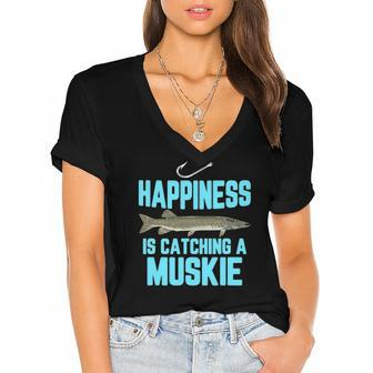 Funny Muskie Fishing Freshwater Fish Men Women Kids Gift Women's Jersey Short Sleeve Deep V-Neck Tshirt | Mazezy