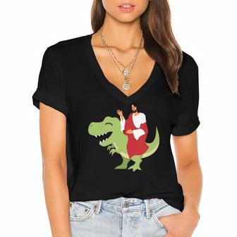 Funny Parody Jesus Riding Dinosaur Cute Meme Dino Gift Women's Jersey Short Sleeve Deep V-Neck Tshirt | Mazezy