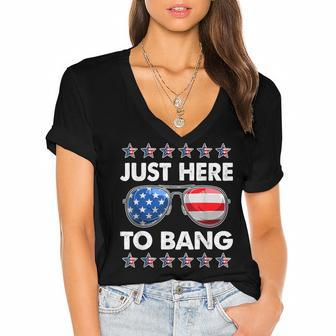 Funny Patriotic 4Th Of July Just Here To Bang Usa Sunglasses Women's Jersey Short Sleeve Deep V-Neck Tshirt - Seseable