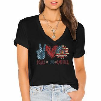 Funny Peace Love America Sunflower Hippie 4Th Of July Women's Jersey Short Sleeve Deep V-Neck Tshirt - Seseable