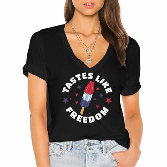 Funny Tastes Like Freedom Red White Blue 4Th Of July Party Women's Jersey Short Sleeve Deep V-Neck Tshirt | Mazezy
