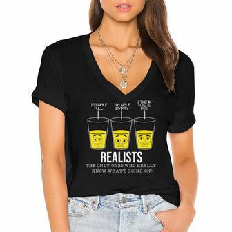 Funny Text Realist Pessimist Optimist Glass Half Full Women's Jersey Short Sleeve Deep V-Neck Tshirt | Mazezy