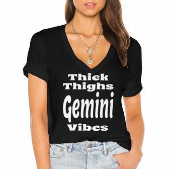 Funny Thick Thighs Gemini Vibes Zodiac Sign Astrology Women's Jersey Short Sleeve Deep V-Neck Tshirt | Mazezy