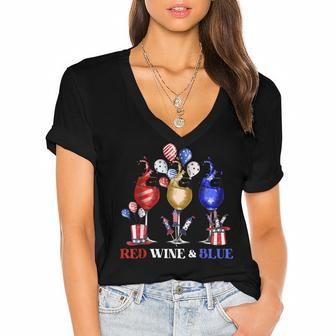 Funny Wine Glasses 4Th Of July Red White And Blue Firework Women's Jersey Short Sleeve Deep V-Neck Tshirt - Seseable