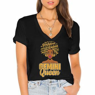 Gemini Zodiac Black African Afro Queen May June Birthday Women's Jersey Short Sleeve Deep V-Neck Tshirt - Seseable