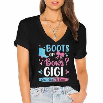 Gender Reveal Boots Or Bows Gigi Matching Baby Party Women's Jersey Short Sleeve Deep V-Neck Tshirt | Mazezy