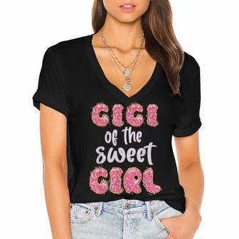 Gigi Of The Sweet Girl Donut Birthday Party Outfit Family Women's Jersey Short Sleeve Deep V-Neck Tshirt - Seseable
