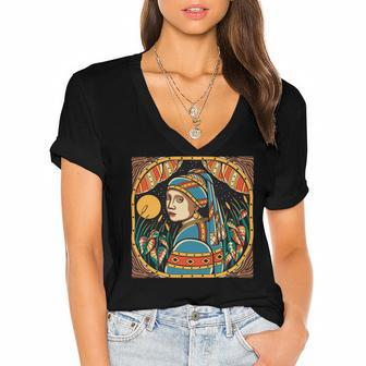 Girl With A Pearl Ear Ring Vintage Women's Jersey Short Sleeve Deep V-Neck Tshirt - Monsterry UK
