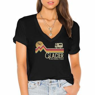 Glacier National Park Retro Style Mountain Vintage Montana Women's Jersey Short Sleeve Deep V-Neck Tshirt | Mazezy