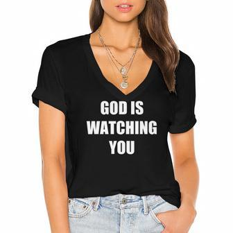 God Is Watching You Christian Women's Jersey Short Sleeve Deep V-Neck Tshirt | Mazezy