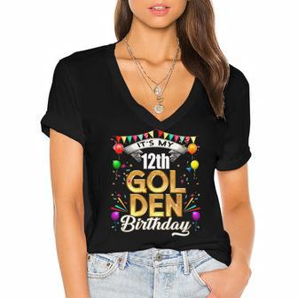 Golden Birthday Its My 12Th Birthday Decorations Women's Jersey Short Sleeve Deep V-Neck Tshirt | Mazezy