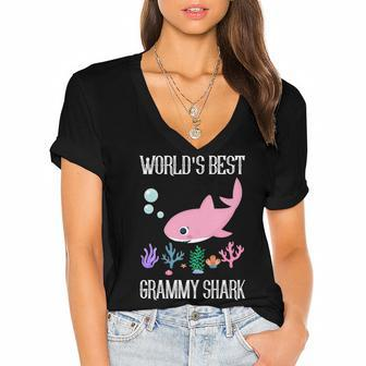 Grammy Grandma Gift Worlds Best Grammy Shark Women's Jersey Short Sleeve Deep V-Neck Tshirt - Seseable