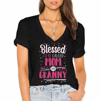 Granny Grandma Gift Blessed To Be Called Mom And Granny Women's Jersey Short Sleeve Deep V-Neck Tshirt - Seseable
