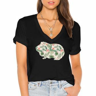Guinea Pig Flower Girl Print Floral Cavy Gift Women's Jersey Short Sleeve Deep V-Neck Tshirt | Mazezy
