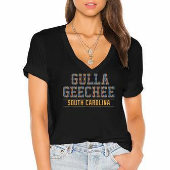 Gulla Geechee Culture South Carolina African Kente Pattern Women's Jersey Short Sleeve Deep V-Neck Tshirt | Mazezy