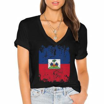 Haiti Flag Vintage Men Women Kids Haiti Women's Jersey Short Sleeve Deep V-Neck Tshirt | Mazezy