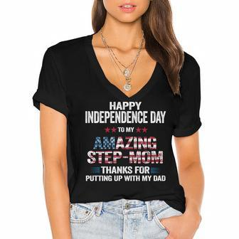Happy 4Th Of July Step Mom Thanks For Putting Up With My Dad Women's Jersey Short Sleeve Deep V-Neck Tshirt - Seseable