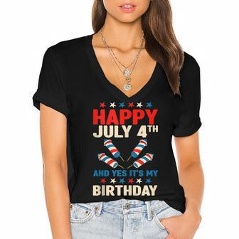 Happy July 4Th And Yes Its My Birthday Women's Jersey Short Sleeve Deep V-Neck Tshirt - Seseable