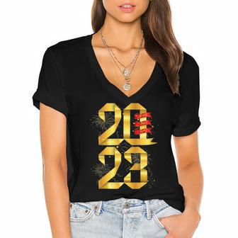 Happy New Year 2023 New Years Eve Party Supplies Nye Women's Jersey Short Sleeve Deep V-Neck Tshirt | Mazezy