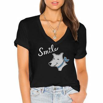 Happy Smile Dog Pet Lover Women's Jersey Short Sleeve Deep V-Neck Tshirt | Mazezy