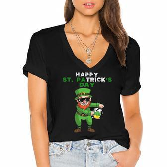 Happy Trick Green Beer Love Irish St Patricks Day Leprechaun Women's Jersey Short Sleeve Deep V-Neck Tshirt | Mazezy