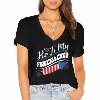 He Is My Firecracker 4Th Of July Funny Matching Couples Women's Jersey Short Sleeve Deep V-Neck Tshirt - Seseable