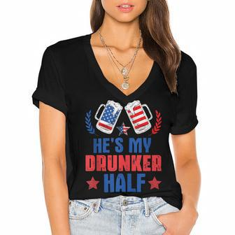 Hes My Drunker Half 4Th July Matching Couples Drinking Women's Jersey Short Sleeve Deep V-Neck Tshirt - Seseable