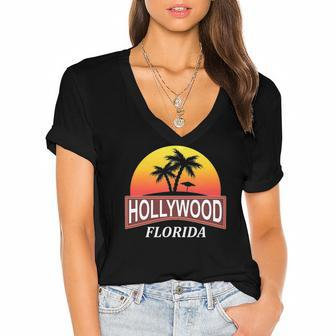 Hollywood Florida Beach Vacation Palm Tree Women's Jersey Short Sleeve Deep V-Neck Tshirt | Mazezy
