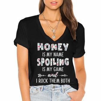Honey Grandma Gift Honey Is My Name Spoiling Is My Game Women's Jersey Short Sleeve Deep V-Neck Tshirt - Seseable